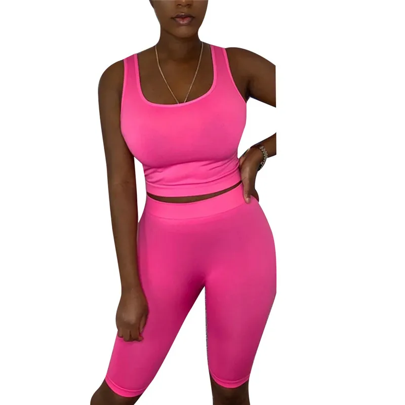 

Women's Sports Sleeveless Outfits Female Suit Casual Summer Casual Sexy Sleeveless Vest +Skinny Shorts 2-Piece Set Solid Color
