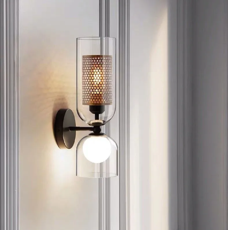 

Nordic Iron Net Wall Lamp Glass Modern Luxury Sconce Hotel Cafe Store Corridor Stair Aisle Bedside Creative Double Head Lighting