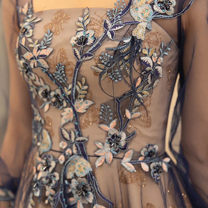 

Evening Dresses Illusion Square Collar Full Beading Crystal A-Line Sequined Embroidery Lace Tulle Vintage Lady Formal Gown TS509