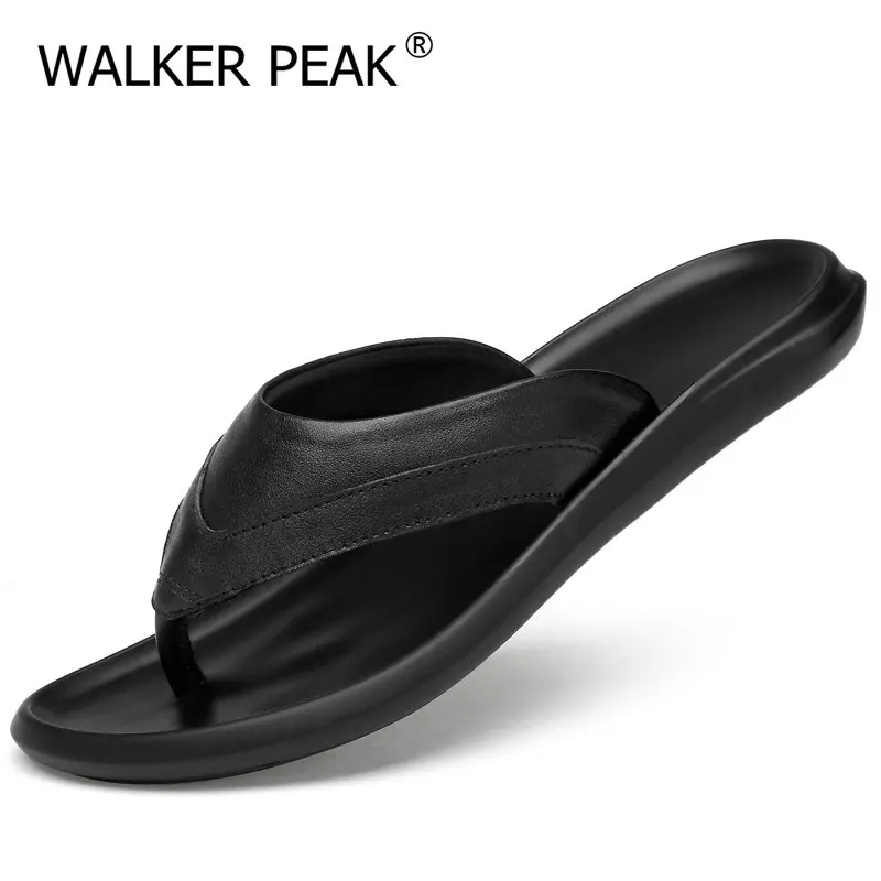 Мужские сандалии из натуральной кожи летние шлепанцы на плоской подошве легкие