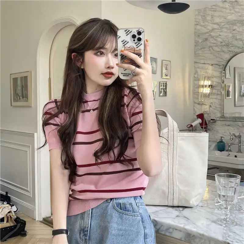 

Цена ~ шикарный облегающий свитер в полоску контрастных цветов в Корейском стиле с коротким рукавом Футболка с круглым вырезом Топ