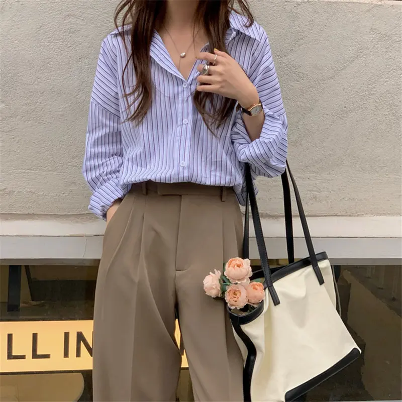 

HziriP 2021 Stylish Minimalist New Arrival Lapel Femme Striped All Match Loose Oversize OL Casual Brief Pockets Outwear Shirts