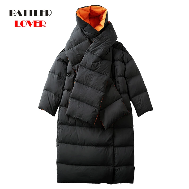 

Winter Hooded Down Jacket For Women 2021 Long Thickening 95% White Duck Down Coat Female Fashion Loose Warm Overcoats With Scarf