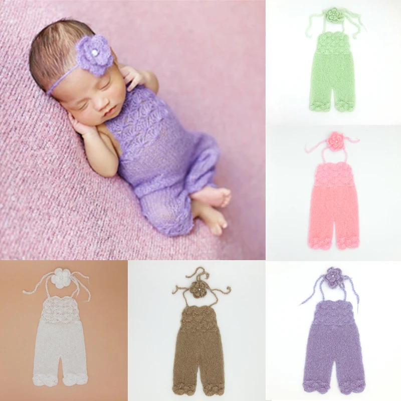 Newborn Photography Clothing Soft Mohair Baby Headband+Suspenders Trousers Newborn Photography Props Accessories Baby Photo Prop