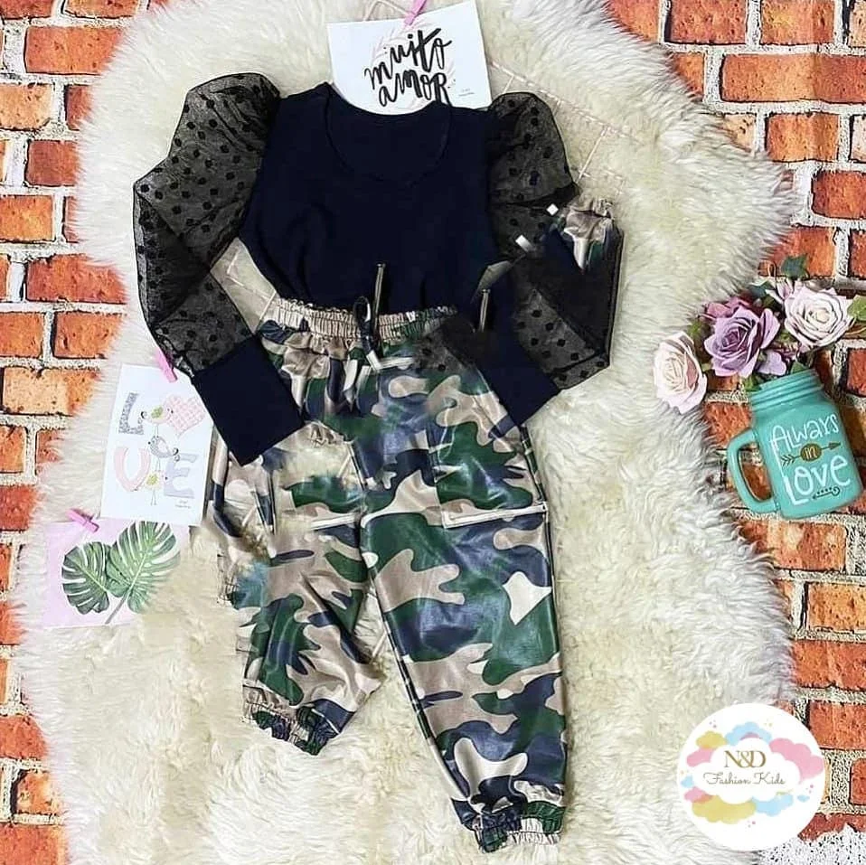 

Модный комплект детской одежды для девочек, сетчатые Футболки с длинным рукавом + камуфляжные брюки, осенняя повседневная одежда для малыше...