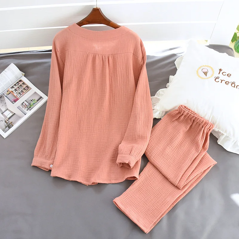 Новинка 2021 Осенние хлопковые брюки из крепа с длинным рукавом пижамы для женщин