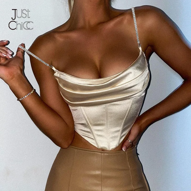 

Атласный однотонный укороченный топ Justchicc без бретелек для вечеринок, женский сексуальный топ с оборками на груди, укороченный топ с цепочк...