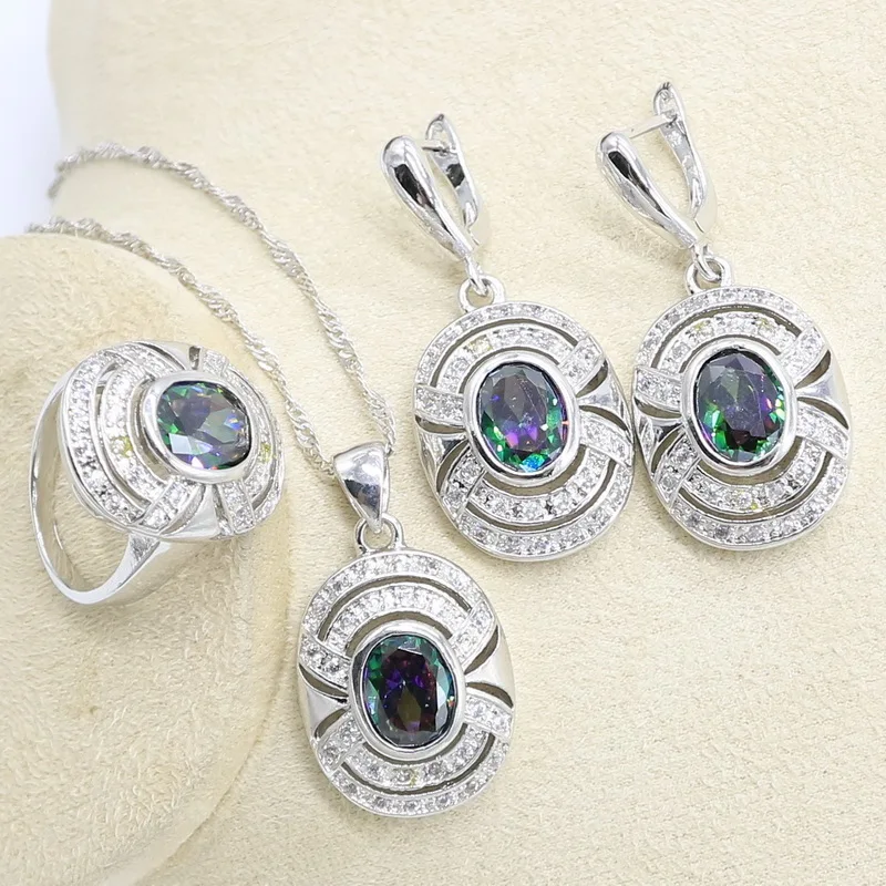 Набор украшений для женщин с геометрическим радужным цирконием серебряного