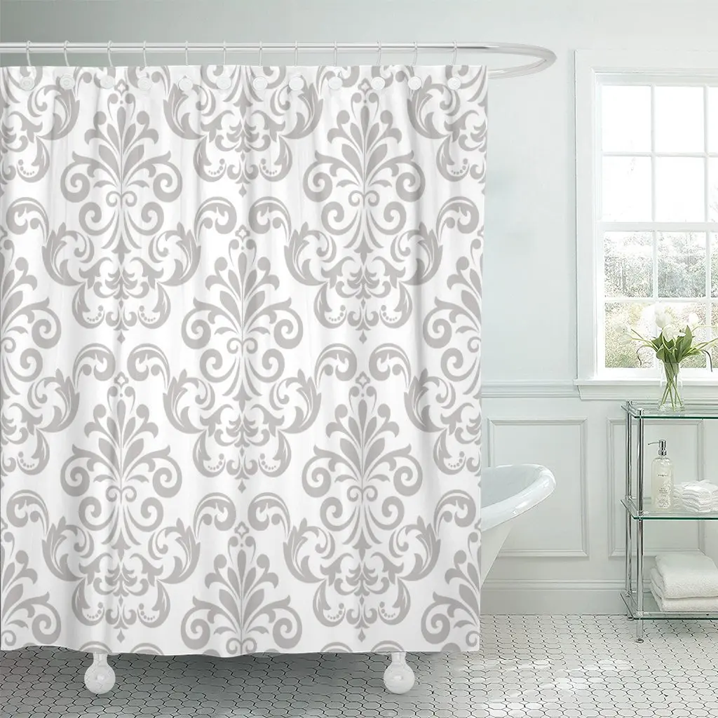 

Silver Antique in The Style of Baroque Gray and White Floral Graphic Pattern Curtains Damask Shower Curtains Waterproof