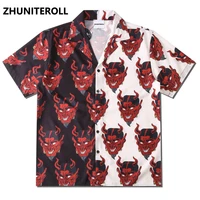 devil head print hip hop shirts mens patchwork hawaiian shirt harajuku summer beach shirt hawaii tops short sleeve streetwear