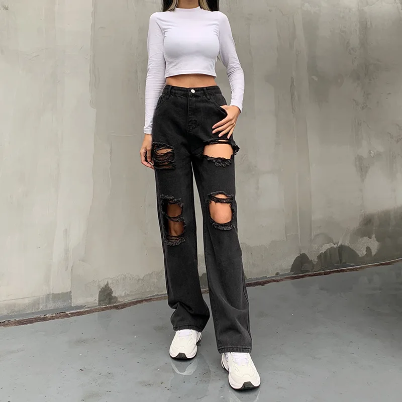 

2021 Vintage New Women Jeans Wide Leg Ripped Jeans Casual Female High Quality Black Denim Pants High Waist Long Trousers