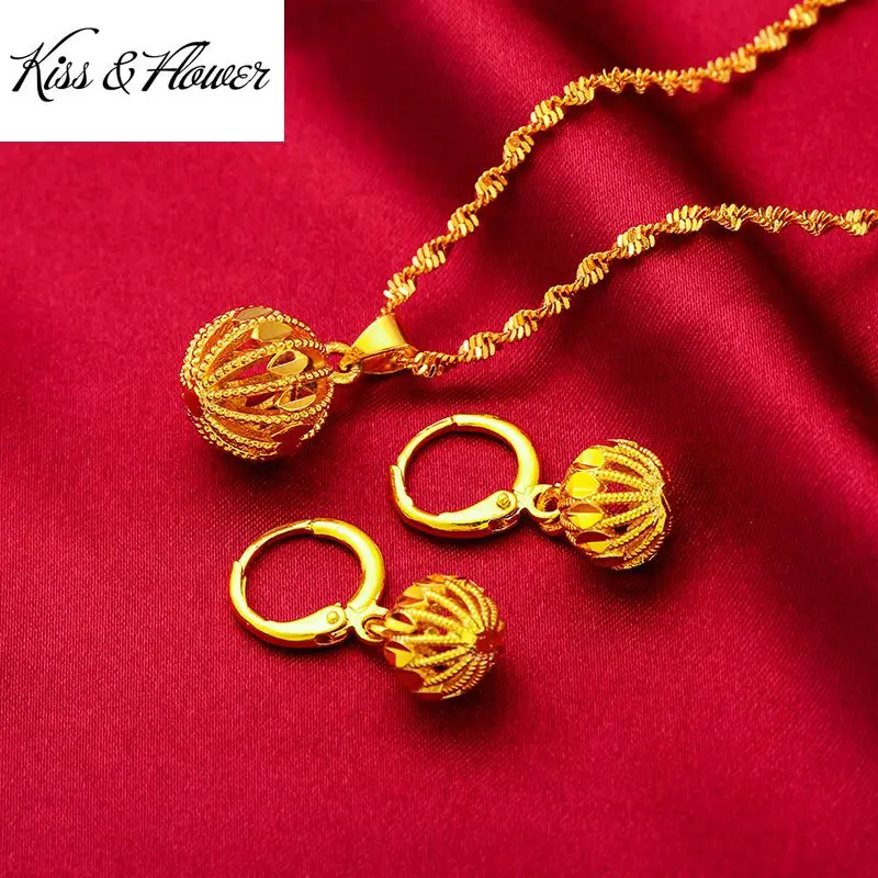 

KISS&FLOWER JS11 2022 Fine Jewelry Wholesale Fashion Woman Girl Birthday Wedding Gift Vintage Hollow Ball 24KT Gold Jewelry Set