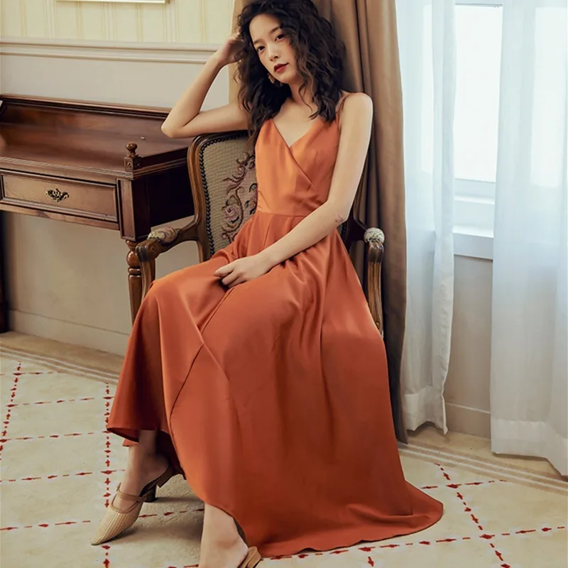 

Mazefeng New 2020 Women Spring Summer SunDresses Strap Beach Holiday Strapless Backless Sexy Satin Solid Vintage Dresses