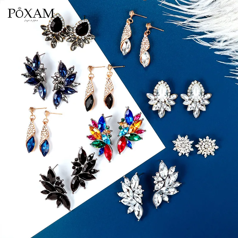 

POXAM Korean Statement Black Crystal Earrings For Women Geometric AAA Zircon Hot Sell Stud Earrings 2019 Female Fashion Jewelry