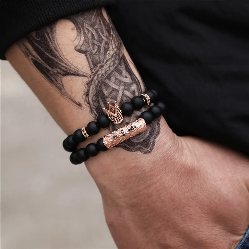 

2020 New 2pcs/set CZ Crown Bracelet Men Charm Braclet Kinds black matte Stone Bead Bracelets For Mens Hand Jewelry