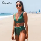 SEASELFIE Зеленые комплекты бикини с завышенной талией и крючками на спине, купальник для женщин, сексуальный купальный костюм из двух предметов с V-образным вырезом, 2022, одежда для купания, пляжная одежда
