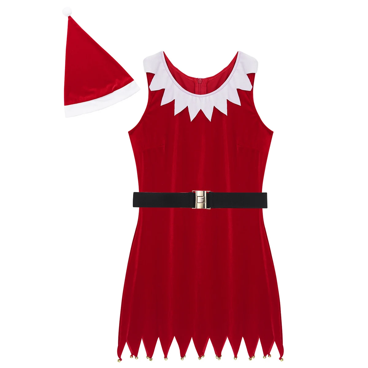 Women Mrs Santa Costume Christmas Fancy Dress Office Party Outfit Round Neck Sleeveless Jingle Bell Mini with Hat and Belt | Тематическая