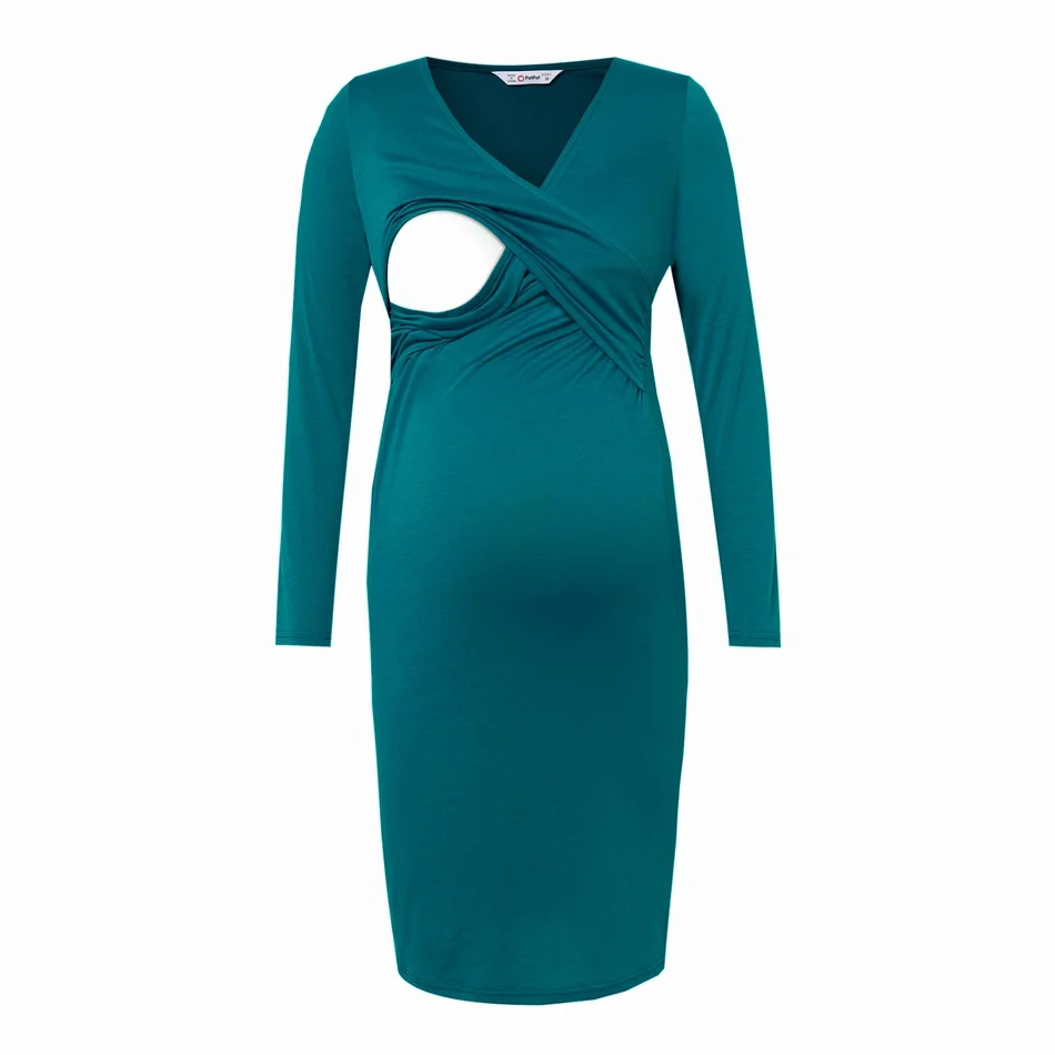 

PatPat 2021 New Arrival Maternity V-neck Plain Blue Knee length Long-sleeve Nursing Dress