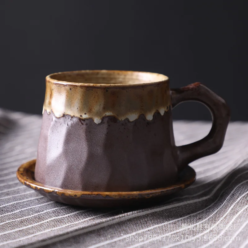 

Japanese Retro Ceramic Coffee Cup and Saucer Set Creative Coffee Cup Afternoon Tea Office Mug Stoneware Coffee Cup