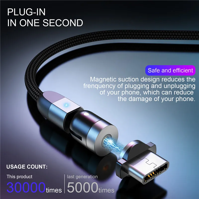 Магнитный кабель Olaf 3A Micro USB вращающийся на 540 градусов быстрый тип C магнитное