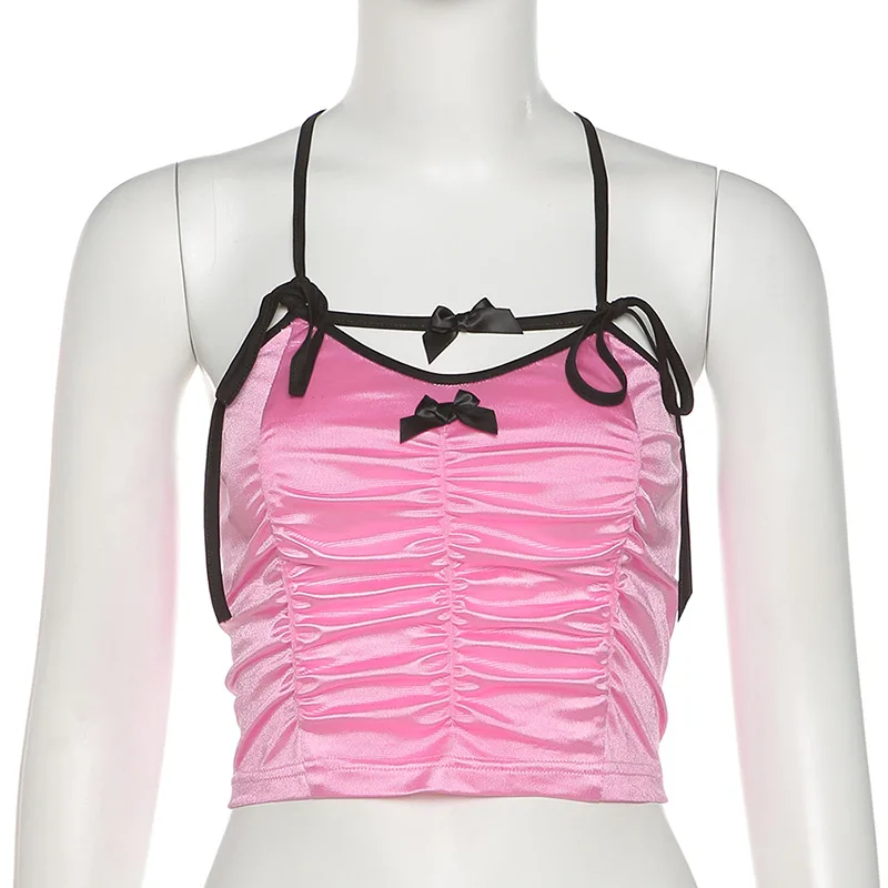 

Sexy Women Tank Tops Solid Color Bow-Knot Lace Stitching Folds Slim Navel Fashion Halter Neck Vest Commute Street Summer New