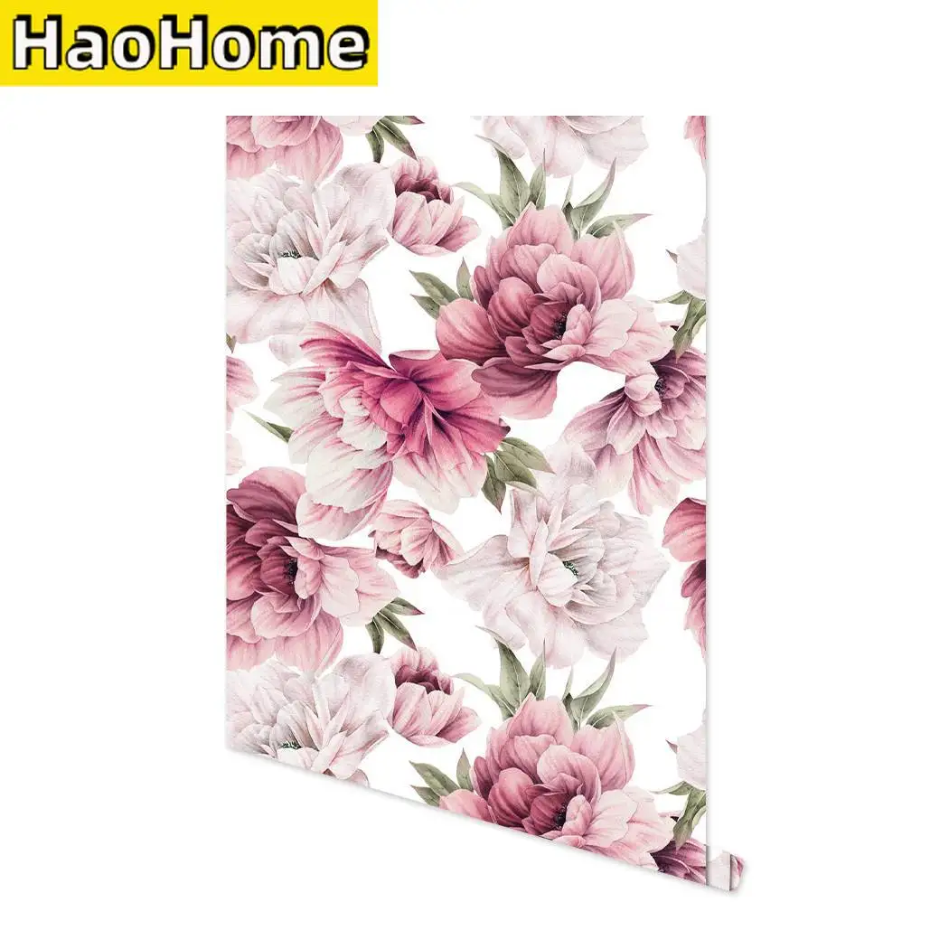 Papel tapiz de flores de acuarela extraíble, película de vinilo autoadhesiva Floral rosa/blanco/verde para decoración de pared