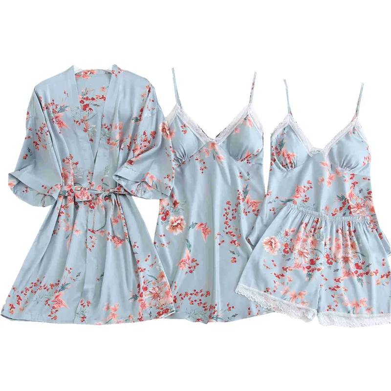 

Print 4PCS Kimono Robe Satin Women Sleep Set Intimate Lingerie Casual Nightwear Home Clothing Spring Autumn New Pajamas Suit