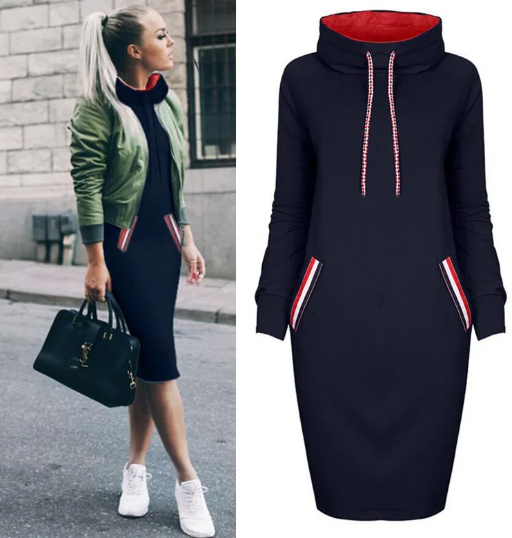 

Fashion Dress New Style European And American Four-color Long Long-sleeved High-necked Hooded Slim Sweater Dress