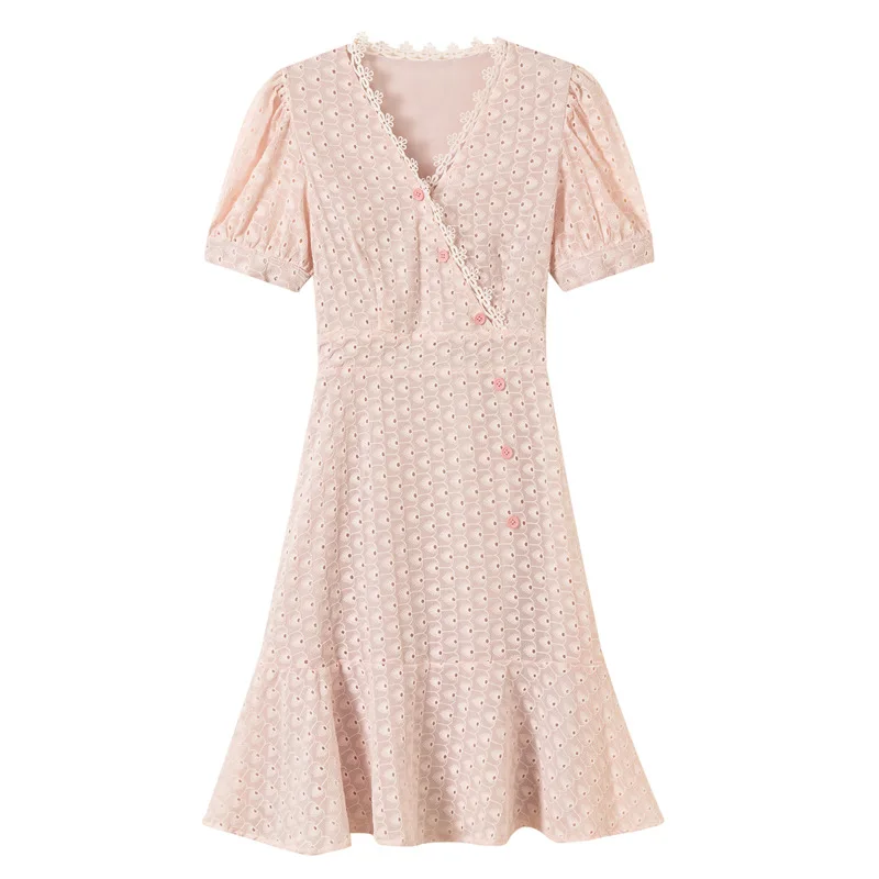 

Summer dress temperament small skirt V-neck lace French first love sweet long fairy women's fishtail tea break skirt