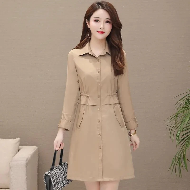

Spring Autumn Thin Trench Coat Women (Single Layer) Korean Single Breasted Slim Windbreaker Elegant Turndown Collar Overcoat Top