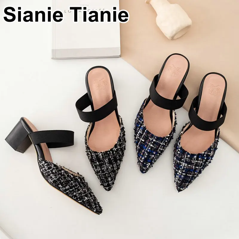 Женские клетчатые шлепанцы на квадратном каблуке с заостренным носком размеры