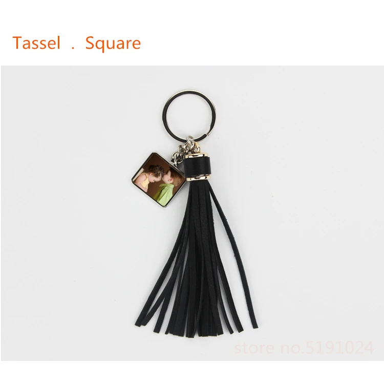 sublimation blank black long tassels keychains square round key ring hot transfer printing consumables DIY gifts 15pcs/lot