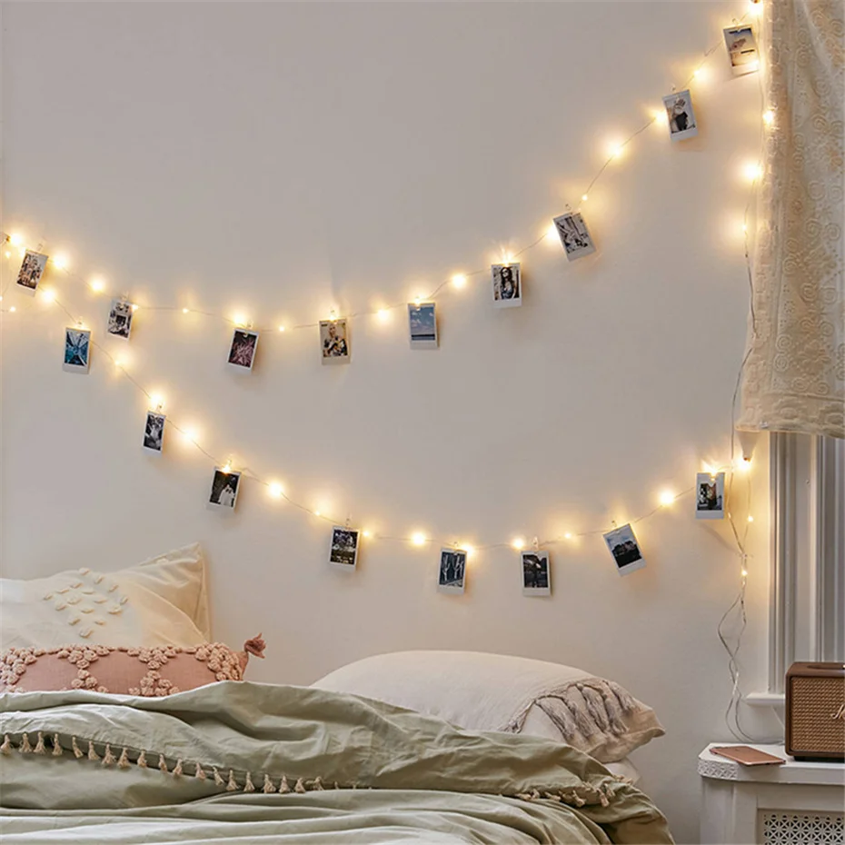 LED Garland With Clothespins Photo Holder Battery Power 5/10M Copper wire Fairy Light 20/50 clips Decoration For Christmas Party | Лампы и