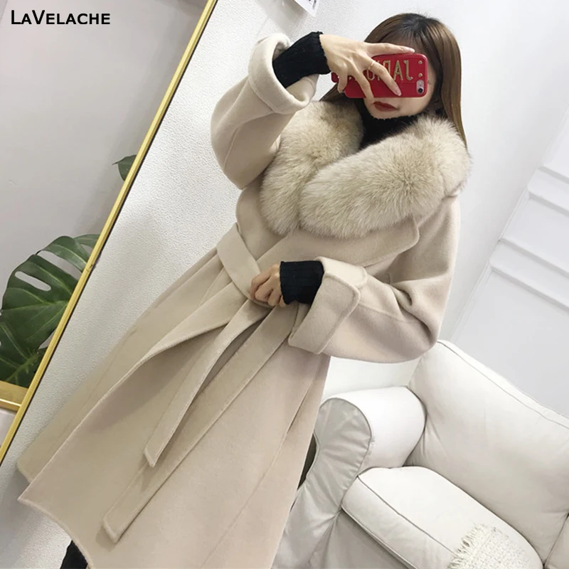 

2021 New Cashmere Coat Women Wool Blends Long Real Fox Fur Collar Winter Jacket Fashion Luxury Ladies Outerwear Streetwear