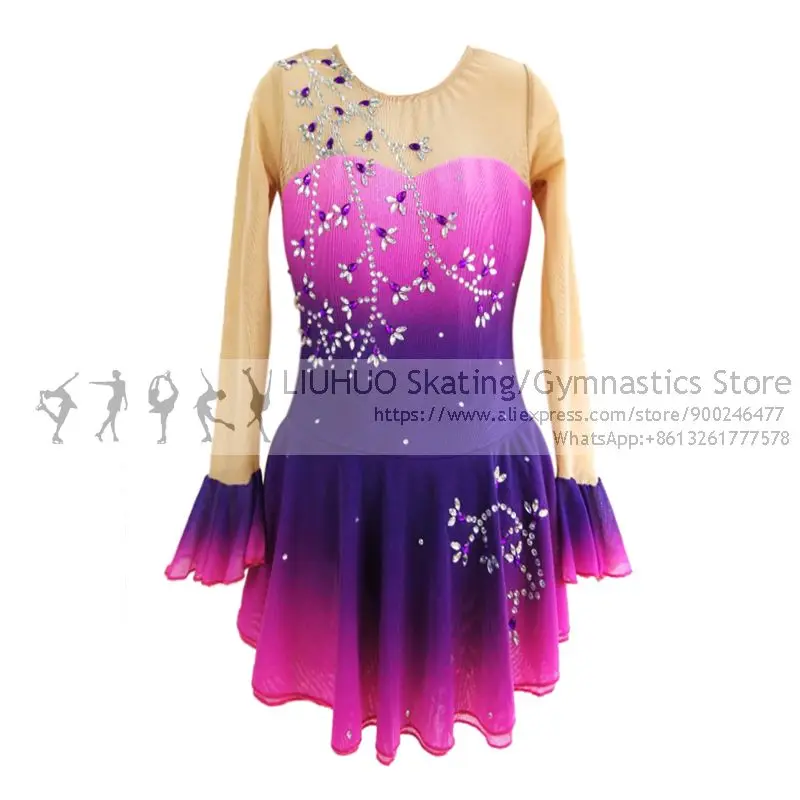 

Ice Figure Skating Dress Girls Purple Lace Children Long Sleeves Performance Wear Competition Rhythmic Dance Leotards Wholesale