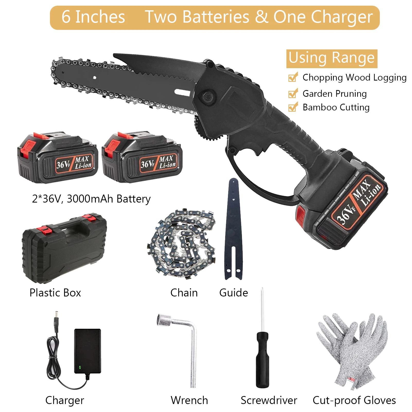 

6 inch mini Electric Chainsaw Cordless Battery Chainsaw with 2*3000mAh Battery Handheld Chainsaw 36V Rechargeable Power Chainsaw
