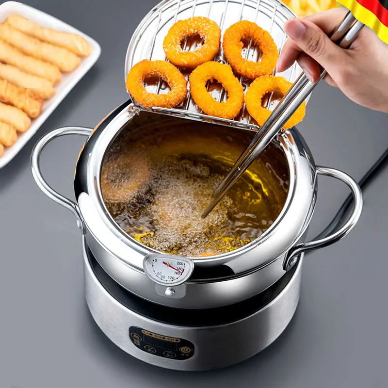 Japanese Deep Frying Pot with a Thermometer and Lid 304 Stainless Steel Kitchen Tempura Fryer Pan Cooking Tools | Дом и сад