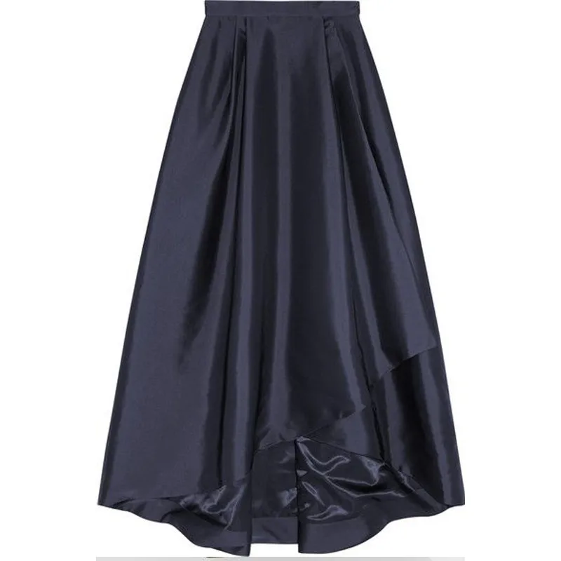 Женская атласная юбка на молнии темно синяя длинная ассиметричная офисная для