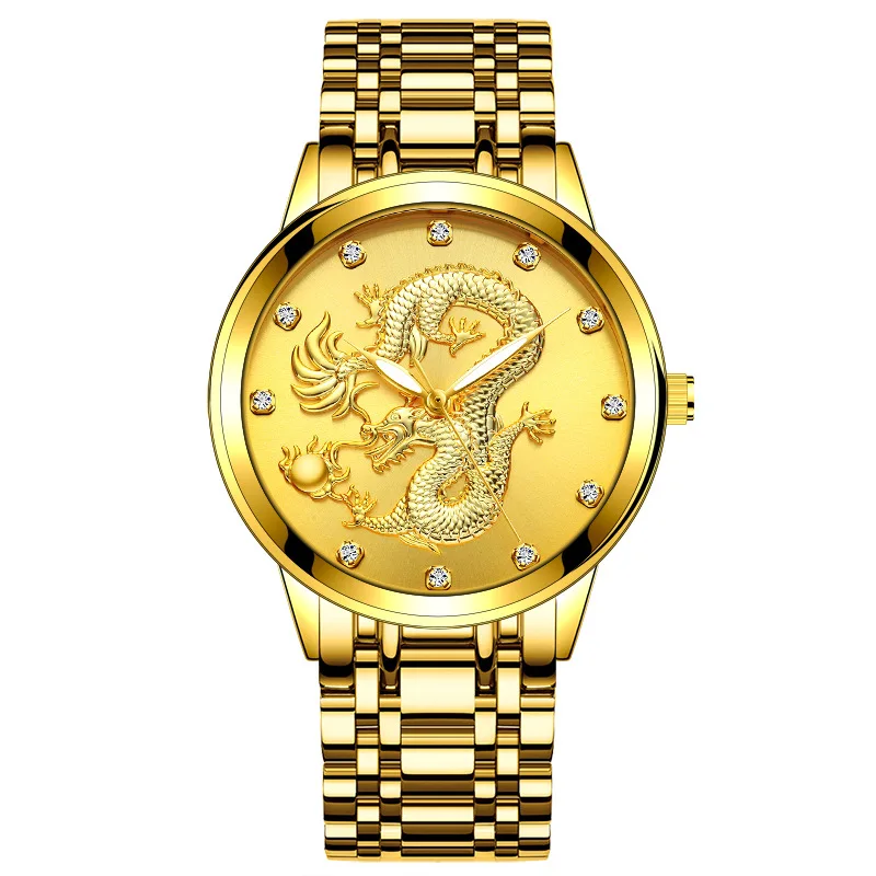 

Top Brand Luxruy Classic Chinese Style Quartz Wristwatches Gold Dragon Relief Business Watch for Men Stainless Steel Watches