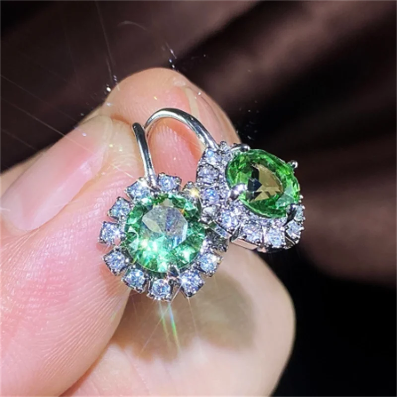 

Korean Style Women Earrings Luxury Silver Color Green Round Zircon Surrounded by White Elegant Women Jewelry wholesale