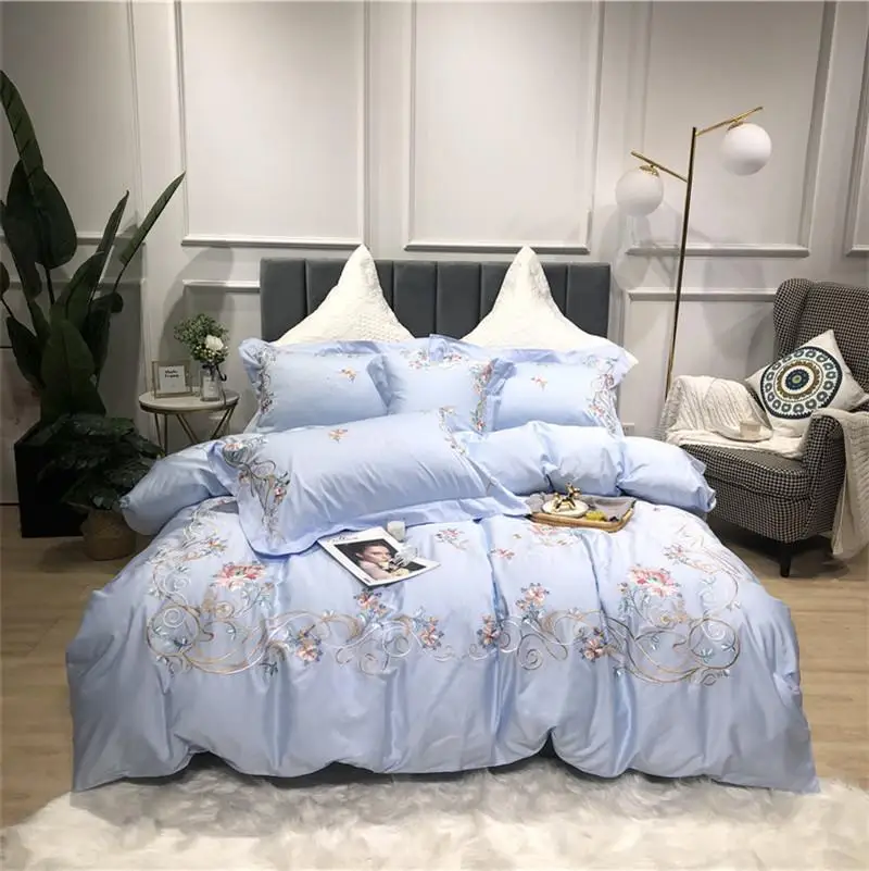 

J2Luxury Pastoral Flowers Embroidery 60S Egyptian cotton Bedding Set Blue Pink Duvet Cover Bed sheet Bed Linen Pillowcase Jpcs