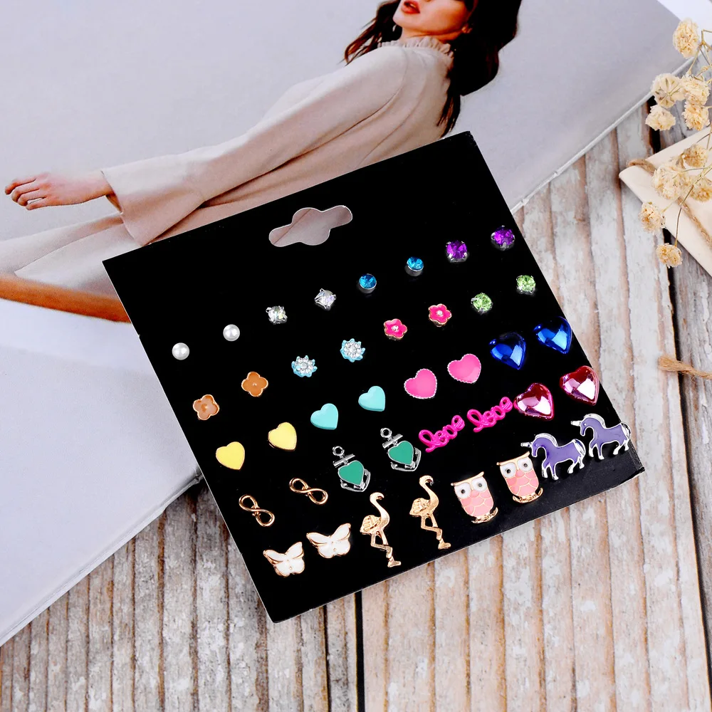 Простые смешанные стили милый жемчуг кристаллы фламинго единорог серьги