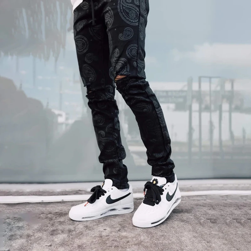 

Spring Men Pants Fashion Straight Jeans Slim Ripped Denim Trousers Casual Pattern Printing Tie-dye Denims Pants Male Long Pant