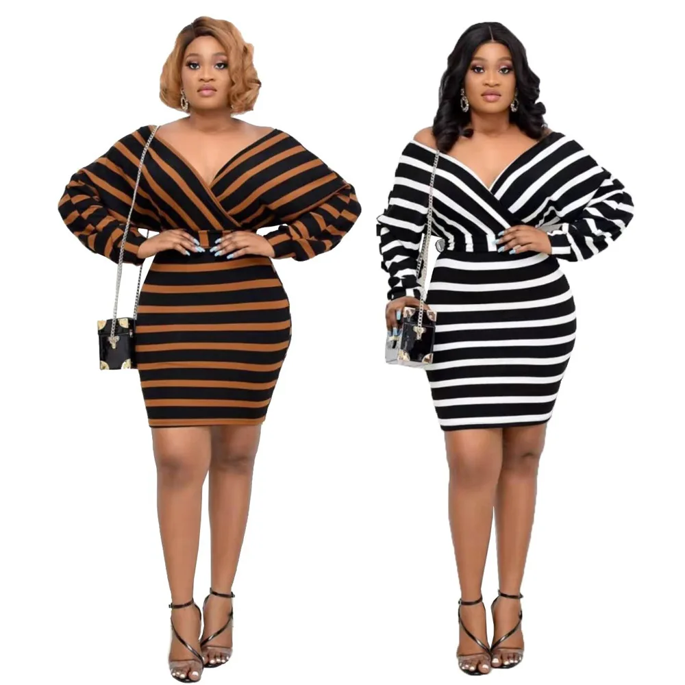 

Women Striped Bodycon Dress V Neck Long Sleeve Skinny Package Hip Office Ladies Work Wear Modest Female African Fashion Vestidos