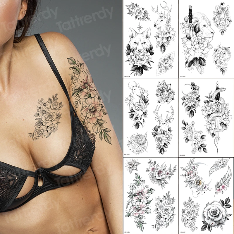 

sexy temporary tattoo minimalist vintage sketch flower tattoo designs black big waterproof women fashion tattoos 6pcs/lot sheet