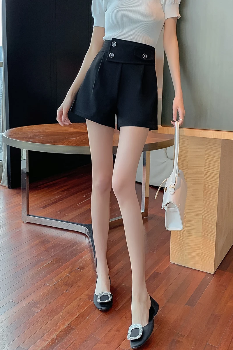 

Houthion New Casual Fashion Loose Shorts Buttons Splicing Solid Zipper Women's Clothing Summer Pocket High Waist Line