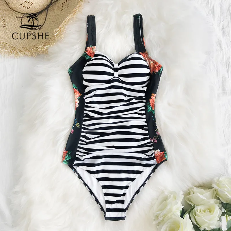 CUPSHE/цельный купальник в полоску с цветочным принтом и рюшами 2019 Женский