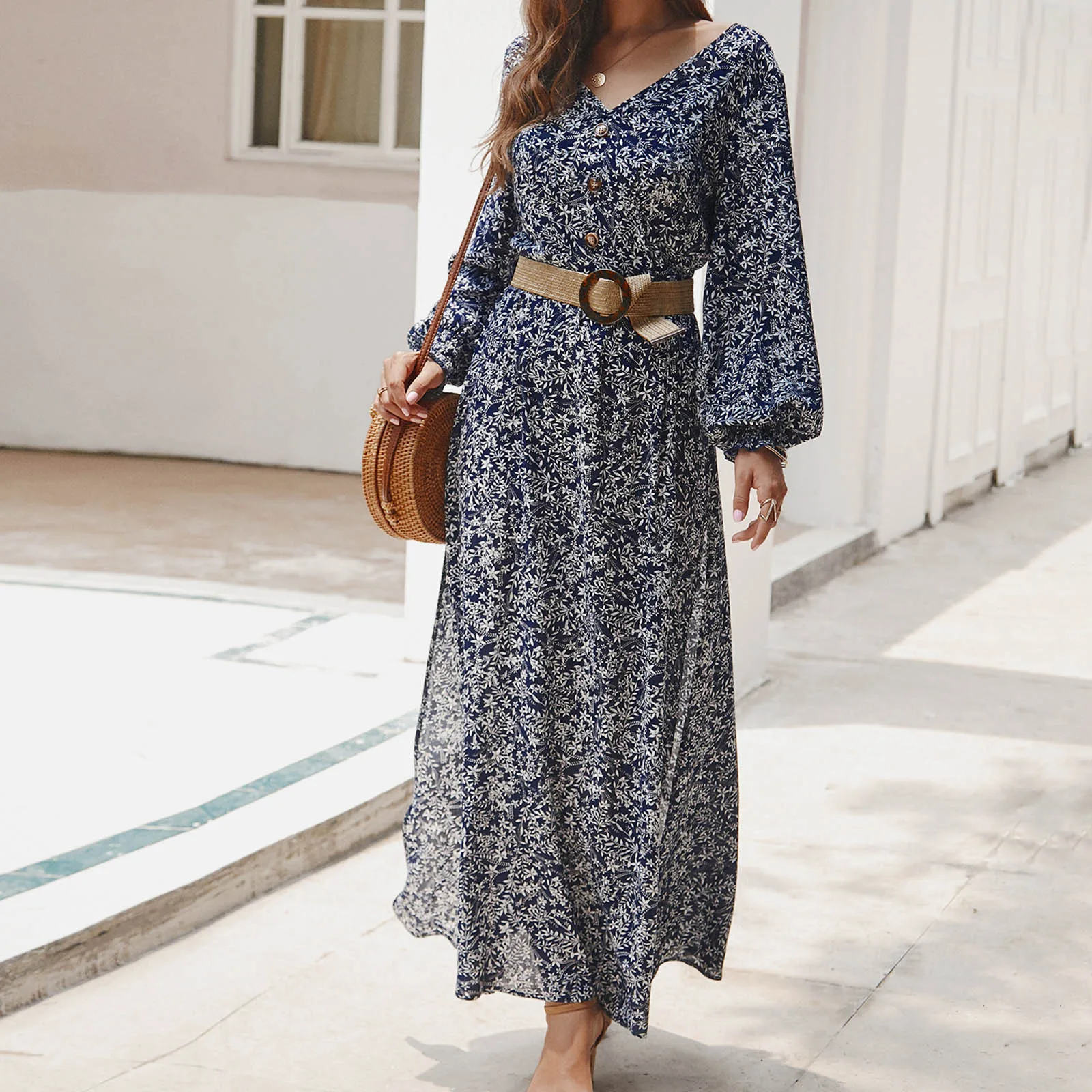 

Женское винтажное платье в стиле бохо, Элегантное Длинное Платье с V-образным вырезом, оборками, цветочным принтом и длинным рукавом-фонарик...