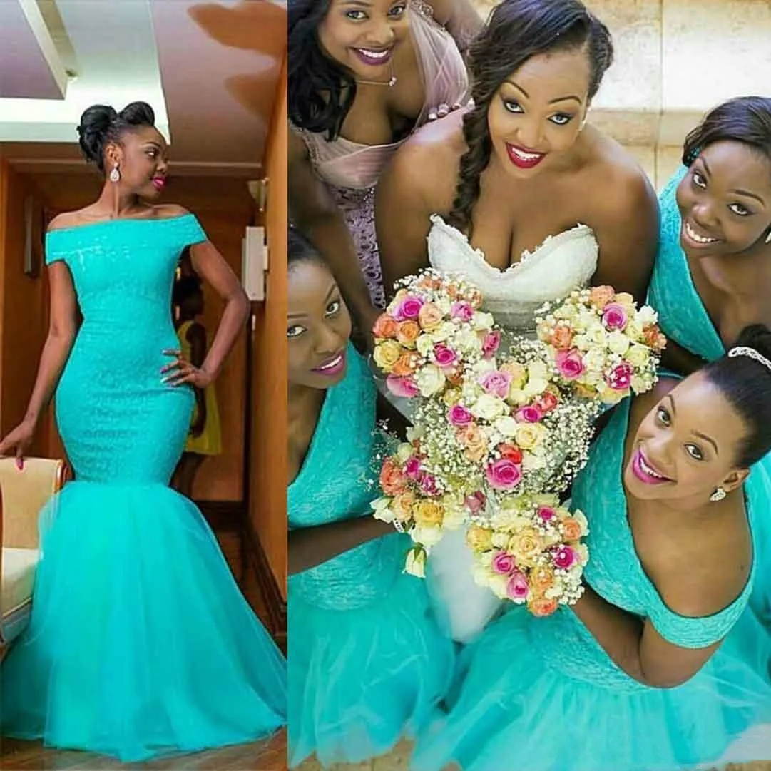 

African Wedding Guest Gowns Turquoise Mermaid Bridesmaid Dresses Off the Shoulder Aqua Blue Long Party Evening Dresses