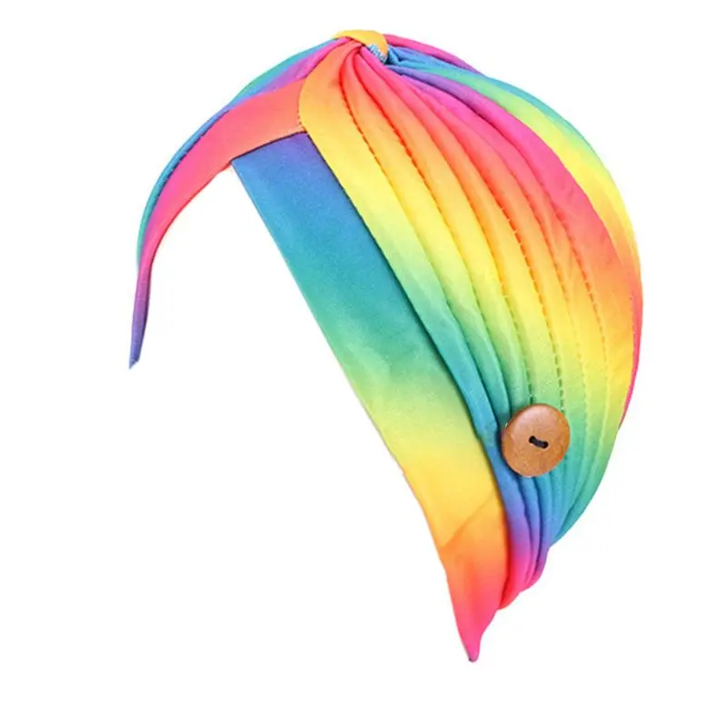 

Women Headscarf India Hat with Wooden Button Mouth Mask Holer Rainbow Stripes Twist Anti-Tight Ears Beanies Turban Cap